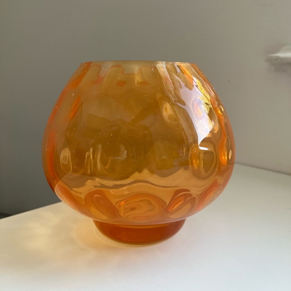 VTG MCM Teleflora Thumbprint Glass Orb Vase | Orange | 6” Tall **
